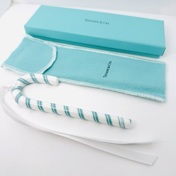 Tiffany Red White Candy Cane Christmas Holiday Ornament with Blue Gift Box Pouch - Picture 2 of 8